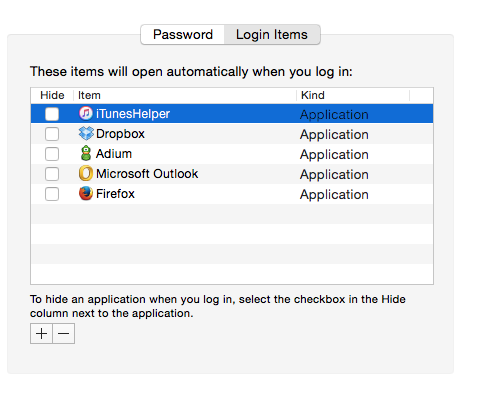 Login Items window in Mac OS